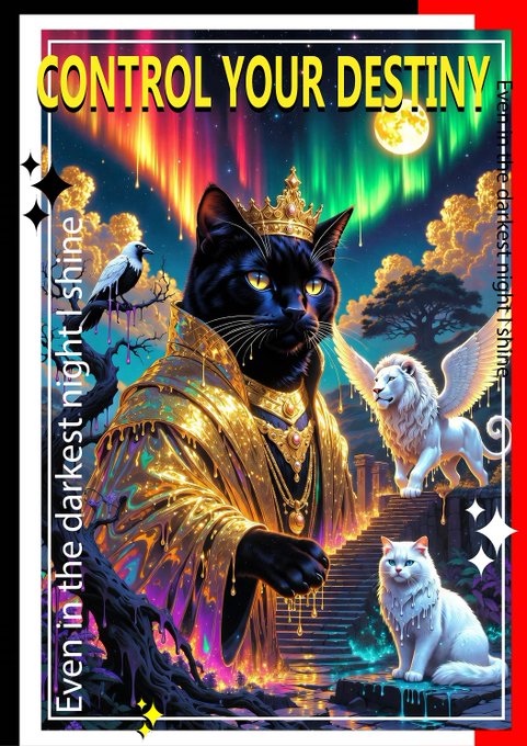 The image features a black cat wearing a gold robe, standing atop a staircase with two white lions sitting below. The background of the image is dark blue with a vibrant display of colors from the Northern Lights. The caption reads "Control Your Destiny" above the cat and "Even in the darkest night, the Emperor of the Midnight Throne" below it.