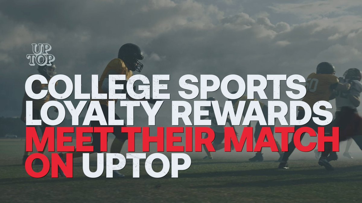 Football players in helmets and uniforms clash on a field under a dramatic cloudy sky, overlaid with bold text reading "COLLEGE SPORTS LOYALTY REWARDS MEET THEIR MATCH ON UPTOP" alongside the Uptop logo. The image visually reinforces the post's announcement about six D1 athletics programs—Michigan, Nevada, Baylor, Memphis, Penn State, and LSU—partnering with Uptop's Avalanche-based platform to boost fan loyalty.