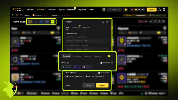 A screenshot of Binance Wallet's "Meme Rush" filters panel displays options for Protocol—showing checkboxes for Virtuals, Flap, and Bonks—and Paired Token with WETH, USDG, VIRTUAL, and Others selected, illustrating the new Robinhood Chain launchpad filtering feature.