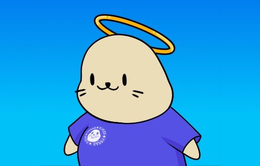 An illustration of a small, round, cream-colored character with a golden halo above its head, wearing a purple shirt that says 'WORLD CHAMPIONSHIP'.