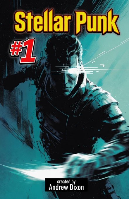 A comic book cover titled 'Stellar Punk #1' created by Andrew Dixon, featuring a cyberpunk-style character with glowing cybernetic eyes.