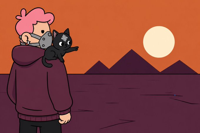 An illustration of a person with pink hair, a face mask, and a dark hoodie with a small black cat wearing a mask perched on their shoulder, set against a sunset over mountains.
