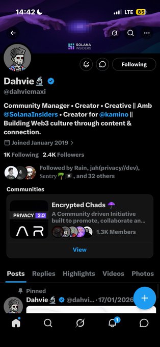 A screenshot of an X (Twitter) profile for Dahvie (@dahviemaxi), showing follower stats, a bio mentioning @SolanaInsiders and @kamino, and a pinned post.