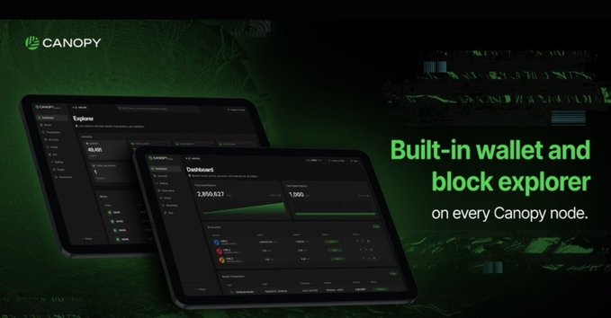 A promotional graphic for 'CANOPY' showing tablet screens displaying a dashboard interface, with text reading 'Built-in wallet and block explorer on every Canopy node.'