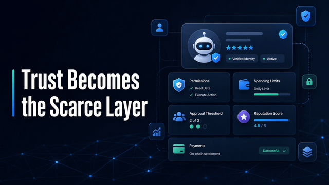 The focus of the image seems to be on a poster about Trust becoming the Scarse Layer with illustrations and icons depicting an AI tool that helps streamline the flow of information. The text at the top reads "Trust becomes the Scarse Layer", while a robot is visible in the middle, providing context for the concept. The image suggests a positive relationship between the usage of AI tools and a successful outcome, as indicated by the caption above it: "The more I use AI tools, the more VeChain’s agent direction makes sense to me".