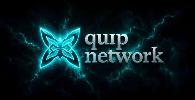 A logo for 'quip network' featuring a glowing cyan butterfly-like symbol set against a dark background with lightning effects.