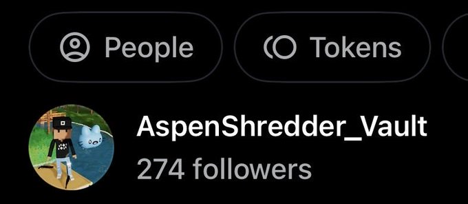 A social media profile display showing 'People' and 'Tokens' tabs, with an account named 'AspenShredder_Vault' having 274 followers.