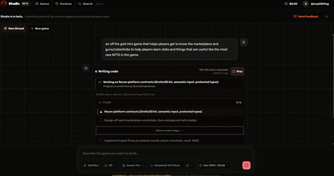 A screenshot of the 'Studio' interface showing a task titled 'Writing code' with options like 'Working on Recon platform contracts' and 'Recon platform contracts', and a text box to 'Describe the game you want to build.'