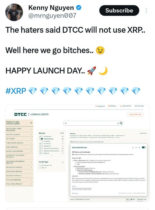 A tweet from Kenny Nguyen (@mrnguyen007) celebrating DTCC launching a Learning Center that uses XRP, showing a screenshot of DTCC's Learning Center webpage featuring "Clearing Services" and a description of XRP's role as the "Digital Asset of the Future" for value settlement.
