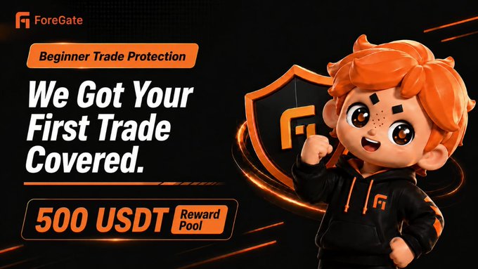 A promotional banner for 'ForeGate' featuring a cartoon character with orange hair, advertising 'Beginner Trade Protection' and a '500 USDT Reward Pool'.