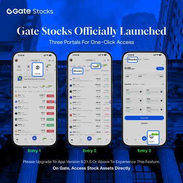 The image shows three cell phones, each displaying different information about Gate Stocks. The first phone has a blue background with white text that says "Gate Stocks Officially Launched", while the second phone has a black background with white text that displays various stock data and prices. The third phone also features a blue background but has white text instead of numbers, which reads "I've been using Gate mainly for crypto, so when I noticed the new Gate Stocks feature, I decided to give it a try and see how it actually works".