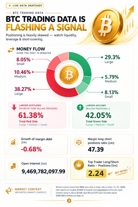 An infographic titled 'BTC TRADING DATA IS FLASHING A SIGNAL' showing money flow statistics, including 61.38% outflows and 42.05% inflows, and a market context about Bitcoin reaching the $86K area after a sharp rally on Sept. 21-22, 2026.