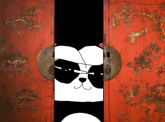 An image of a black and white panda wearing sunglasses, visible through a narrow vertical gap between two ornate red doors with golden metal hardware.
