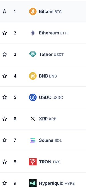 A cryptocurrency ranking chart displays the top 9 tokens, with Bitcoin (BTC) at #1, Ethereum (ETH) at #2, and Hyperliquid (HYPE) at #9 below Tether, BNB, USDC, XRP, Solana (SOL), and TRON (TRX), illustrating how HYPE trails major assets like TRON, SOL, and XRP—positioning it as a likely candidate to climb the rankings in 2027.