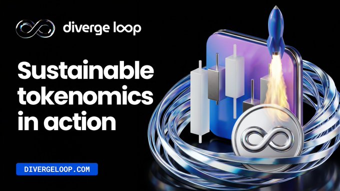 A promotional banner for 'diverge loop' featuring the tagline 'Sustainable tokenomics in action' with a rocket lifting off from a coin and the URL 'DIVERGELOOP.COM'.
