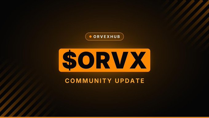 A graphic with a dark brown background displaying an orange logo that reads '$ORVX' beneath a smaller badge saying 'ORVEXHUB' and text stating 'COMMUNITY UPDATE'.