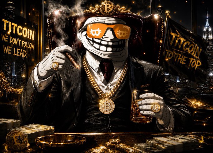 Stylized 'Trollface' character wearing a crown and Bitcoin sunglasses, surrounded by Bitcoin imagery with text 'TITCOIN' and 'WE DON'T FOLLOW WE LEAD TO THE TOP'.