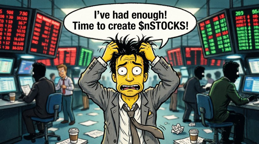 A Simpsons-style cartoon shows a frantic stock trader in a suit pulling his hair out amidst a chaotic trading floor, with a speech bubble reading "I've had enough! Time to create $nSTOCKS!"
