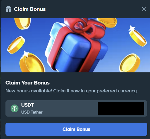 A "Claim Bonus" popup from PlayStake offering a new bonus in USDT (USD Tether), with a blacked-out amount field above a blue "Claim Bonus" button, complementing the post's call to action to claim a monthly bonus at playstake.fans/bonus.