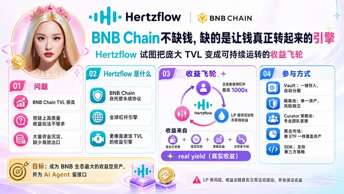 A Chinese promotional infographic for 'Hertzflow' on BNB Chain, titled 'BNB Chain 不缺钱，缺的是让钱真正转起来的引擎,' highlighting problems, benefits, a yield flywheel (收益飞轮), and participation methods including Vault, Curating, aggregation market, and SDK.