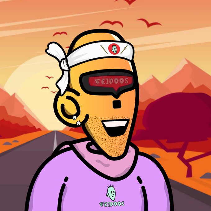 A cartoon illustration of a man wearing a white headband, red sunglasses labeled 'FRIDOOS', a pink shirt with a cactus logo, set against a desert sunset background.