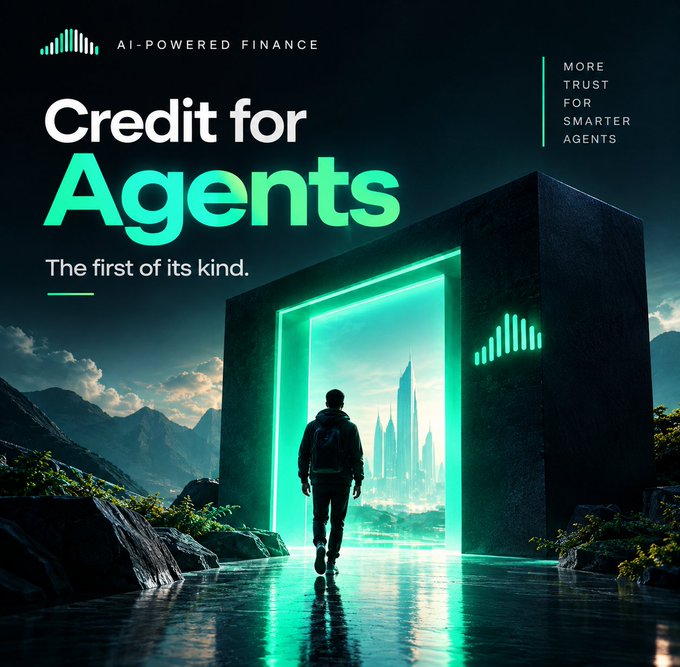 A promotional graphic with green accents reads 'Credit for Agents - The first of its kind' and 'AI-POWERED FINANCE,' showing a figure walking through a glowing portal toward a futuristic city.