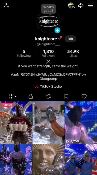 A TikTok profile for 'knightcore' (@knightcore_) showing 5 following, 1,810 followers, and 34.9K likes, with the bio quote 'if you want strength, carry the weight.'