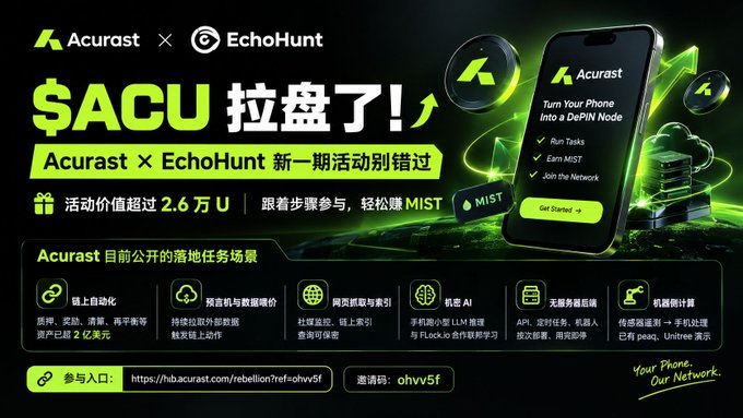 A promotional graphic for Acurast × EchoHunt featuring a $ACU token promotion with Chinese text, showing a smartphone displaying 'Turn Your Phone Into a DePIN Node' alongside server imagery and green accent colors.
