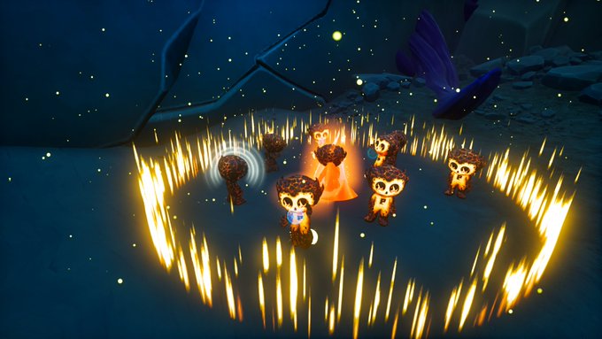 A video game screenshot showing cute cartoon characters with tree-like hair standing in a circle surrounded by glowing orange flames in a blue-lit cave environment.