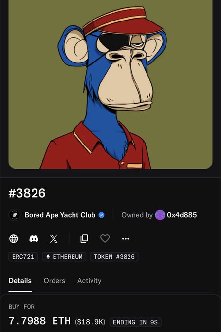 A digital NFT listing for Bored Ape Yacht Club #3826, showing a blue ape with an eye patch and red bellhop uniform, owned by 0x4d885, priced at 7.7988 ETH ($18.9K) with 'ENDING IN 9S'.