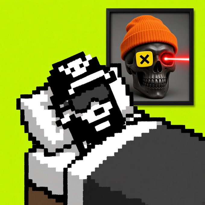 A pixelated figure wearing a black face mask with white markings stands against a neon green background, next to a framed image of a skull wearing an orange beanie and a yellow eye patch marked with an "X," with a red laser beam shooting from its other eye. The skull imagery likely references the meme culture tied to the crypto/NFT project mentioned in the post, celebrating a successful mint of the RobinWifHat collection.