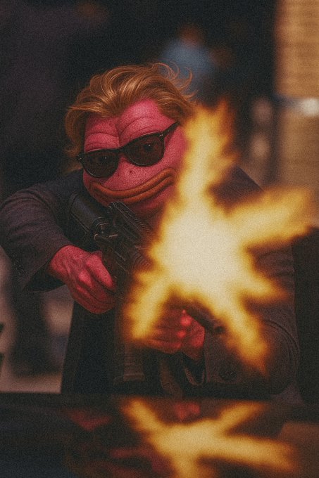 A stylized, gritty image of a man with pink skin and slicked-back hair, wearing dark sunglasses and a suit, aiming a handgun as flames erupt in the foreground.