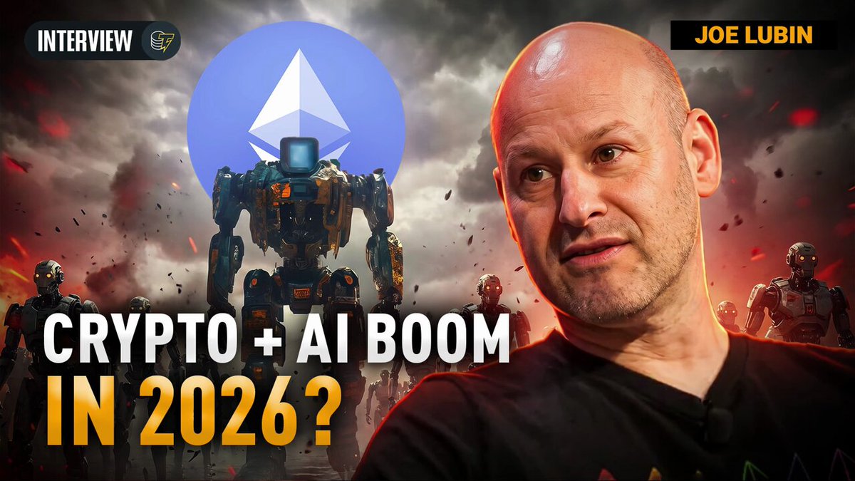 The image features an interview with Joe Lubin, a well-known figure in the cryptocurrency world. The background of the image shows a robot surrounded by fire, creating a dramatic atmosphere. In the foreground, there's a banner that reads "Crypto + AI Boom in 2026?". This suggests that the post is related to the topic of cryptocurrency and artificial intelligence, with Joe Lubin being interviewed about his thoughts on this subject.