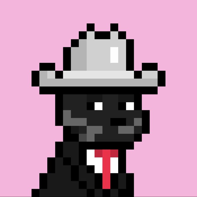 A pixel art illustration of a figure wearing a wide-brimmed gray hat and a black suit with a red tie, set against a solid pink background.