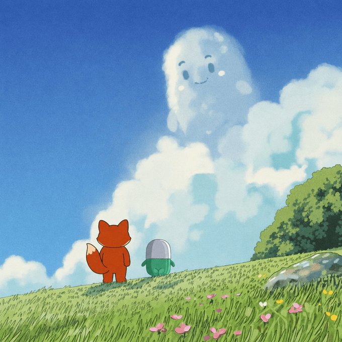 A cute, smiling cloud floats in the sky above a fox and a pill-shaped creature on a grassy hill, relating to the post "Fw2aagAnwEex2ko7n9QW3ks3Tvfdx2s3SsfsFzErpump" with its abstract, nonsensical nature.