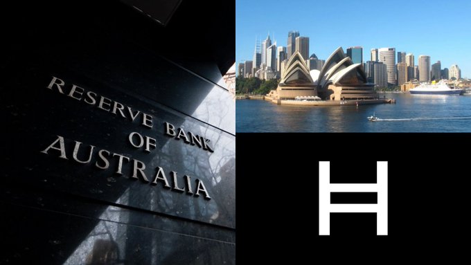 The image is a composite showing the Reserve Bank of Australia signage, Sydney's iconic Opera House skyline, and the Hedera (HBAR) logo. It visually connects Hedera's tokenization platform to Australia's financial and economic landscape, suggesting the country's relevance to HBAR's ecosystem.