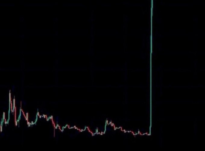 A cryptocurrency or stock chart displayed on a black background shows a relatively flat trading period with minor fluctuations, abruptly ending with a dramatic vertical green spike shooting straight up — visually reinforcing the post's message that a "BIG PUMP IS COMING." No tickers, axis labels, or numerical values are visible in the chart.