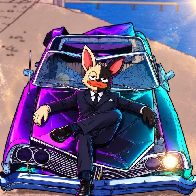 A vibrant digital illustration of an anthropomorphic cat/fox character in a dark suit lounging on the hood of a shiny purple and teal vintage convertible car.