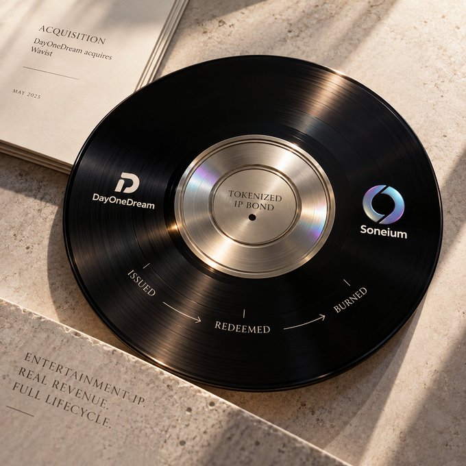 A marketing image shows a vinyl record styled as a 'TOKENIZED IP BOND' with the 'DayOneDream' and 'Soneium' logos, alongside text reading 'ACQUISITION DayOneDream acquires Wavist, MAY 2025' and 'ENTERTAINMENT-IP. REAL REVENUE. FULL LIFECYCLE.'