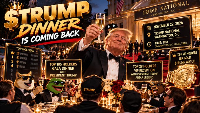 A promotional graphic for a '$TRUMP DINNER IS COMING BACK' event at Trump National Washington, D.C. on November 22, 2026, showing Donald Trump toasting alongside Pepe and other mascots, with tiered holder benefits listed.