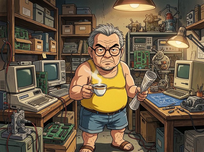 A cartoon-style illustration of a grumpy older man in a yellow tank top and glasses holding a coffee cup and a rolled-up newspaper, standing in a cluttered workshop filled with old computers, electronics, and tools.