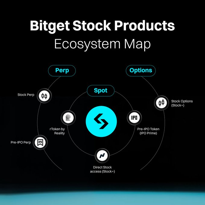 Bitget Stock Products ecosystem map diagram showing Spot, Perp, and Options categories including Direct Stock access, Pre-IPO Token, and rToken by Reality.