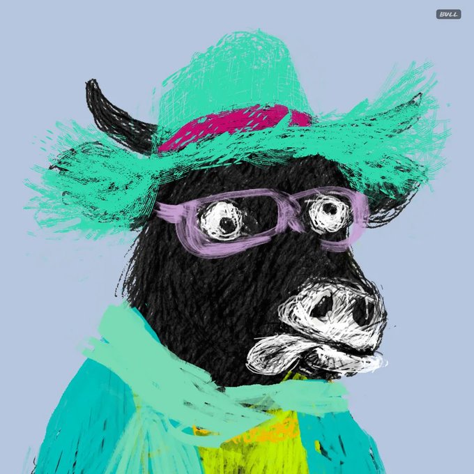 A colorful, expressive digital illustration of a black bull wearing a teal cowboy hat with a pink band, purple-rimmed glasses, and a turquoise outfit against a light blue background, with 'BULL' signed in the top right corner.