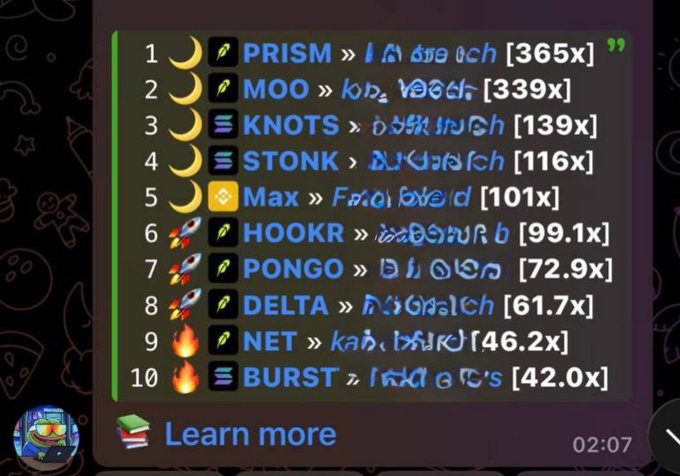 A leaderboard ranks players with usernames like 'PRISM', 'MOO', 'KNOTS', 'STONK', and 'Max', showing scores with multipliers such as [365x] and [339x] alongside alien language text, and a 'Learn more' button at the bottom.