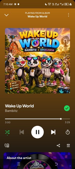 A Spotify mobile interface playing 'Wake Up World' by Bambitz, featuring cartoon pandas on the album cover art.