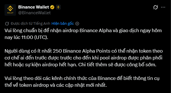 A Binance Wallet tweet in Vietnamese announcing a Binance Alpha airdrop, requiring users to have at least 250 Binance Alpha Points to claim tokens.