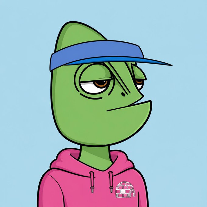 A cartoon character with a green head, wearing a blue visor and a pink hoodie with a checkered patch, looks sideways with a smirking, unimpressed expression.