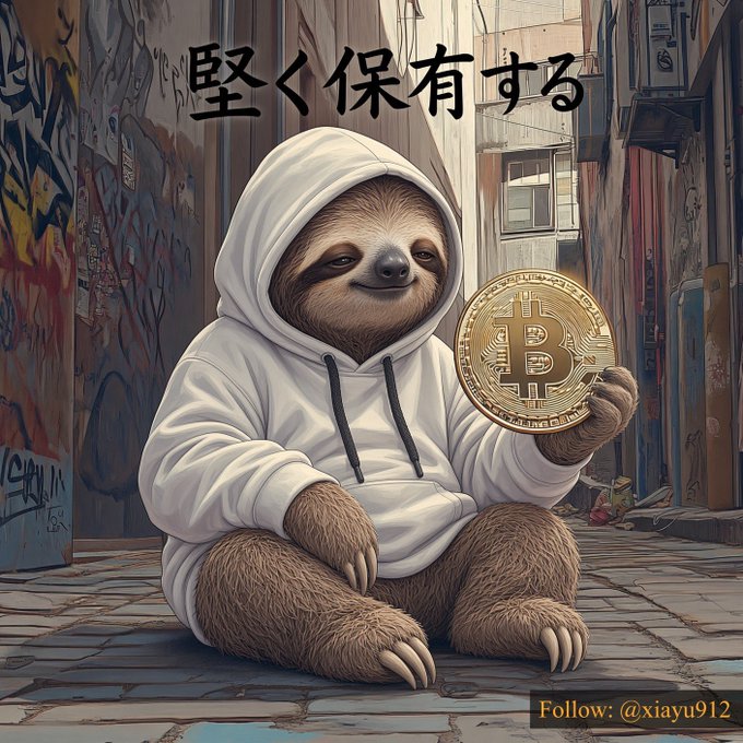 An illustration of a smiling sloth wearing a white hoodie, holding a Bitcoin coin, sitting in an urban alleyway with graffiti, featuring the text '堅く保有する' (Hold firmly) and 'Follow: @xiayu912'.