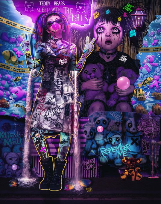 Digital art poster with 'TEDDY BEARS SLEEP WITH THE FISHES' at the top, featuring stylized characters in a purple underwater setting with caution tape and 'REMEMBER ME' text.
