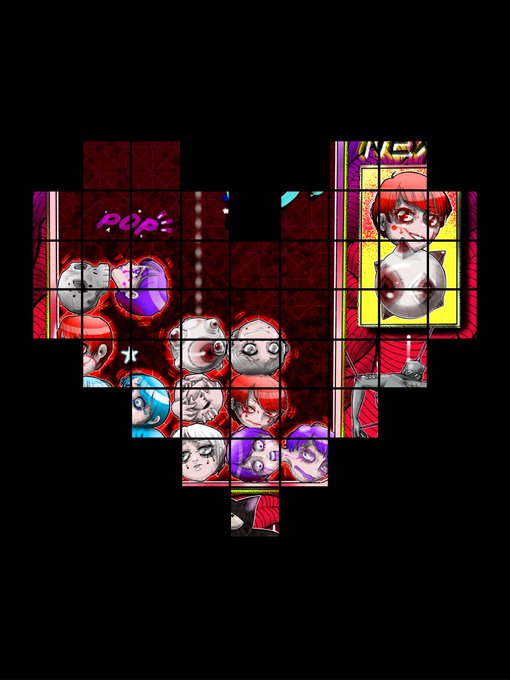 A pixel-art style heart composed of multiple smaller tiles featuring anime-style characters and Japanese text set against a black background.